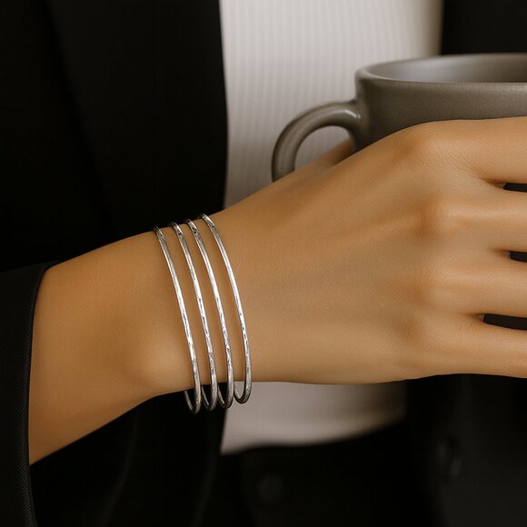 Hammered Sterling Silver Bangle Bracelet Set: Skinny Stackable Cuffs - Picture 1 of 5